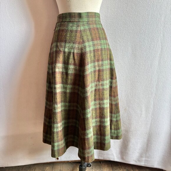 1950s-1970s Green Brown Wool Plaid Flare Skirt 28 Waist - Picture 5 of 11